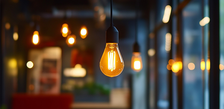 Glödlampa hänger från taket i ett café, suddig bakgrund