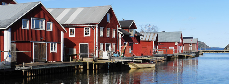 Röda båthus intill vatten