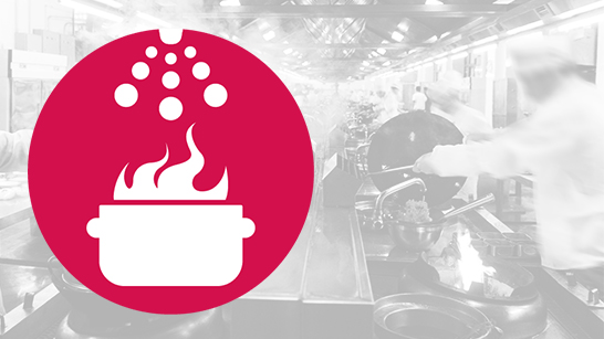 Symbol som visar brinnande kastrull och ett släcksystem som har utlösts