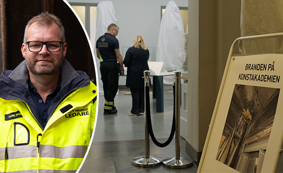 Porträttfoto av Restvärdeledare Daniel Svärd samt foto på Daniel Svärd och Anna Bronzoni Catellani som kollar ner på något inne på Konstakademin