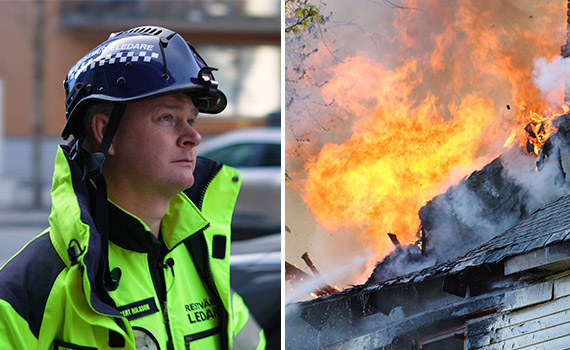 Delad bild på en restvärdeledare som tittar upp bekymrat samt en brand i ett tak på en villa