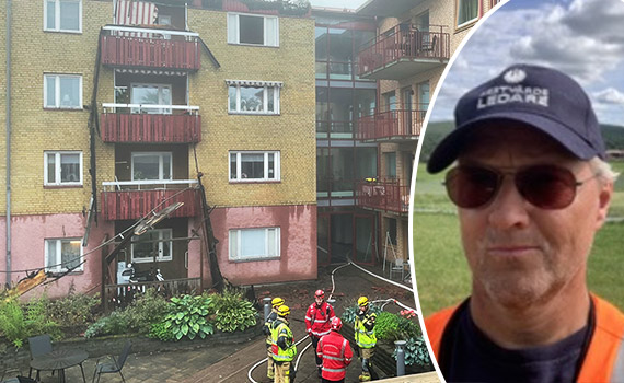 Räddningstjänst utanför seniorboendet i Sunne efter branden, inklippt bild på restvärdeledare Håkan Andersson