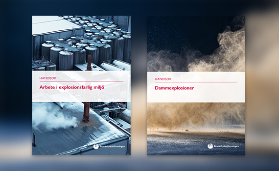 Omslagsbilder föreställande industrimiljöer till handböckerna Arbete i explosionsfarlig miljö och Dammexplosioner
