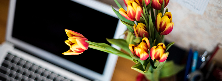 En laptop och en bukett blommor