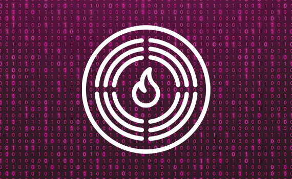 En vit symbol i form av flera cirklar runt en liten eldflamma samt en lila bakgrund