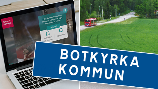 Datorskärm och buss på en väg samt Botkyrka kommuns vägskylt