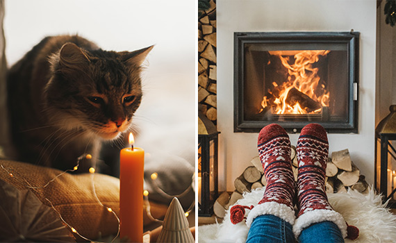 Katt tittar in i brinnande stearinljus och en person med röda sockor vilar framför en brasa