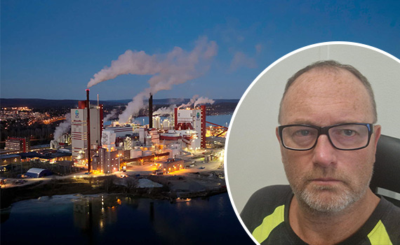 Flygfoto över SCA Massa samt porträttbild på Rickard Larsson