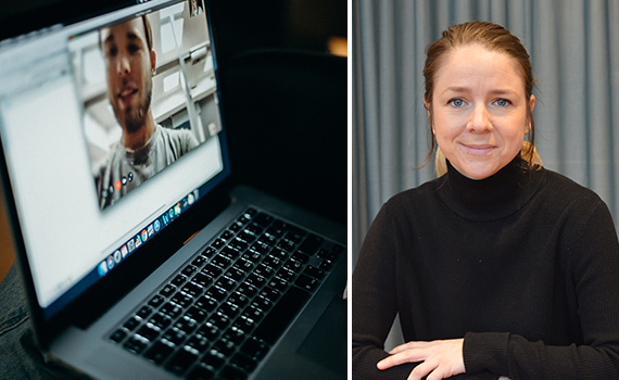 Ett videosamtal på en laptopskärm och en bild på Isabell Liungman Bosaeus