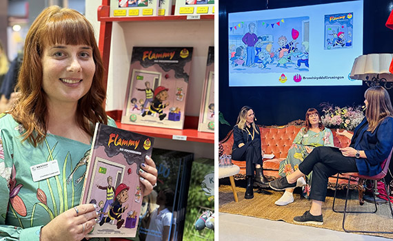 Författaren Charlotte Cederlund visar upp den nya barnboken Flammy och popcornbranden