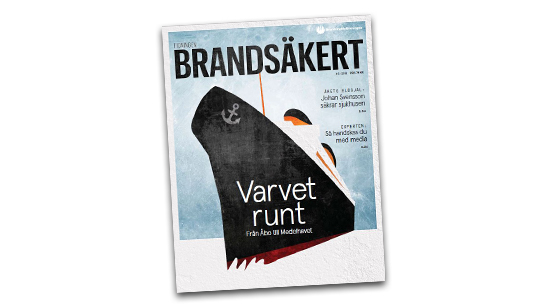 Brandsäkerts tidningsomslag med texten Brandsäkert och en bild på ett fartyg med texten varvet runt