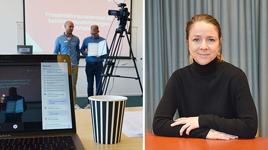 Föreläsare filmas när de står framför en filmduk samt bild på Isabell Liungman Bosaeus