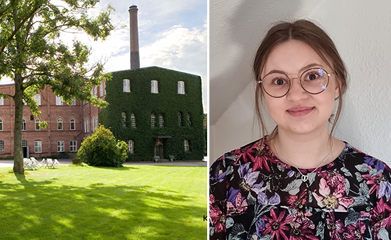 Tegelbyggnad och trädgård samt Julia Siöland