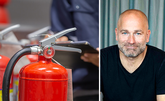 Brandsläckare och bild på Lars Brodin
