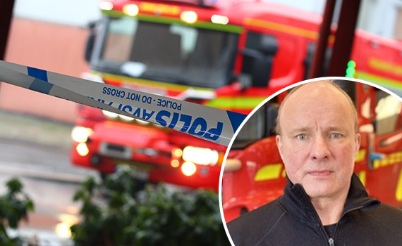 Brandbil och avspärrningstejp med texten "Polis" samt porträttfoto på restvärdeledaren Jörgen Eriksson