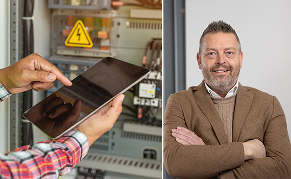 Person som arbetar med en surfplatta samt porträttbild på Joakim Jonsson elexpert Brandskyddsföreningen