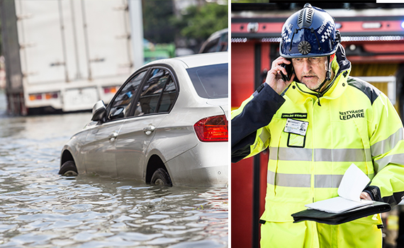 Bil täckt av vatten och bild på en restvärdeledare som pratar i telefon