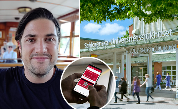 Niklas Persson och en bild på ingången till Sahlgrenska Universitetssjukhuset samt en bild på ett digitalt certifikat i Heta Arbeten-appen
