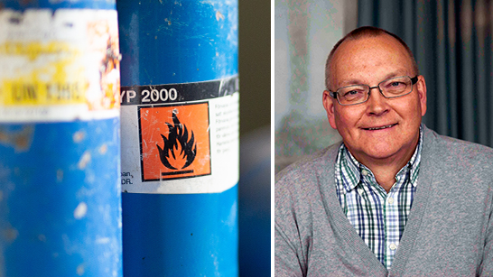 Brandfarlig gasbehållare och bild på Åke Persson