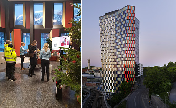 Bild på kontorshus och julfika