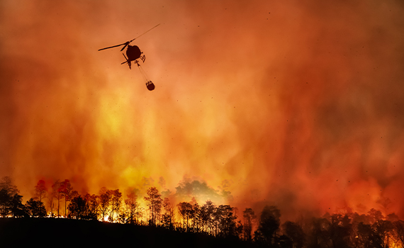 Helikopter ovanför en skogsbrand