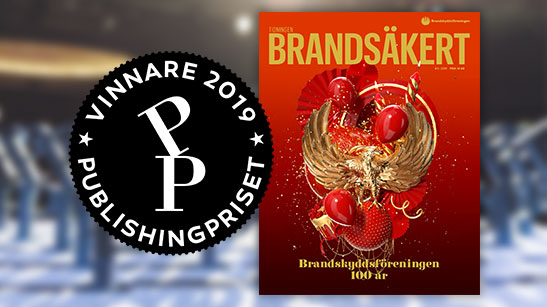 Logotyp vinnare 2019 av publishingpriset och omslaget på tidningen Brandsäkert