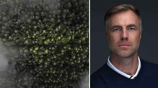En rökfylld skog och en bild på  Mattias Ermanbrix