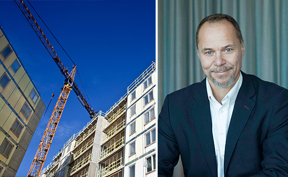 Byggarbetsplats och lyftkran samt bild på Ville Bexander