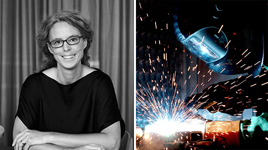 Sofie Strömberg och bild på någon som svetsar