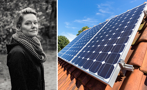 Helena Ivarsson och en bild på solceller på ett tegeltak