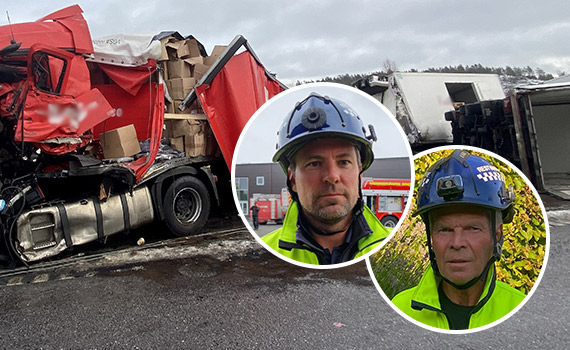 Trafikolycka med lastbilar på E6 samt inklippta bilder på restvärdeledarna Christian Andersson och Thomas Natanaelsson
