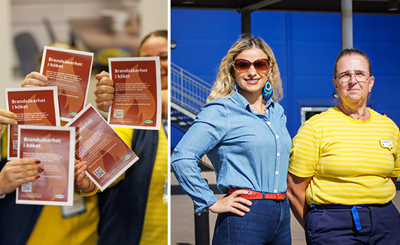 Representanter från Brandskyddsföreningen och IKEA håller upp informationsblad med råd om brandsäkerhet i köket, samt Almina Catic och Elisabeth Nilsson som står bredvid varandra med IKEA-varuhus i bakgrunden