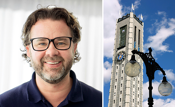 Magnus Larsson och en bild på ett torn fotat nerifrån