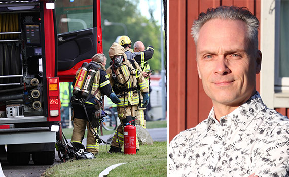 Räddningtjänst som arbetar vid en brandbil och bild på Mattias Delin