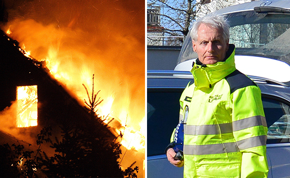 Brinnande hus och bild på Jonas Hellsten