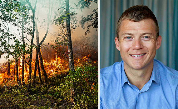 Skog som brinner och en bild på Jesper Boqvist