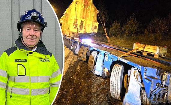 Porträttfoto restvärdeledare Mats Jansson samt bild från transportolycka i Gävle, ett långt fordon har vält över vägen