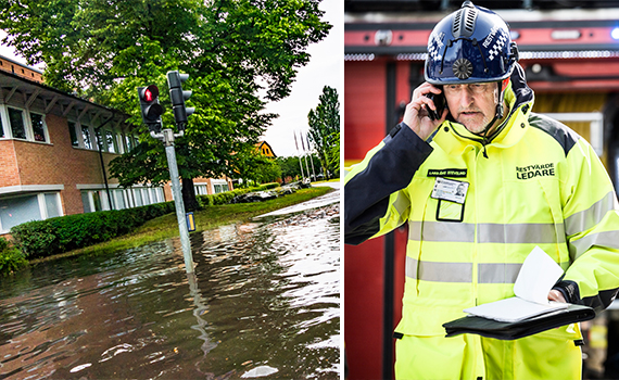 En översvämmad gata och en bild på en restvärdeledare som pratar i telefon