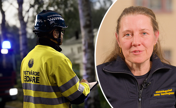 Restvärdeledare med ryggen mot kameran dokumenterar något från skadeplats i villakvarter, kombinerat med porträttfoto på Anna Henningsson, Sveriges första kvinnliga heltidsbrandman