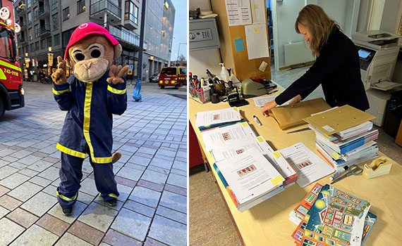 Flammy samt person som paketerar julkalendrar