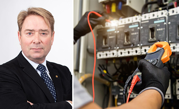 Porträttfoto Mats Björs samt foto på man som utför en elbesiktning