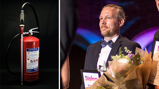 Pulverbrandsläckare och bild på Daniel Abrahamsson med ett diplom i handen