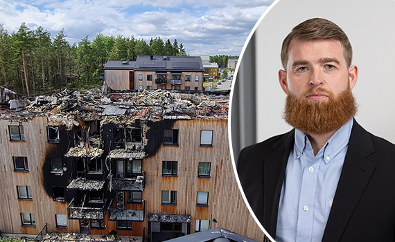 Efter branden i lägenhetshuset på Sparres väg i Upplands bro 25 juli 2025, kombinerad med porträttbild på Tobias Thrysén