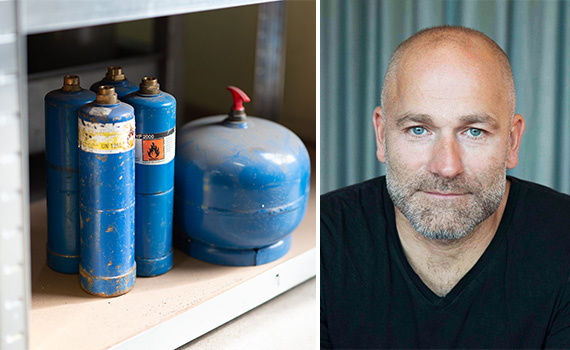 Bild på blå gastuber samt en bild på Lars Brodin, brandingenjör på Brandskyddsföreningen