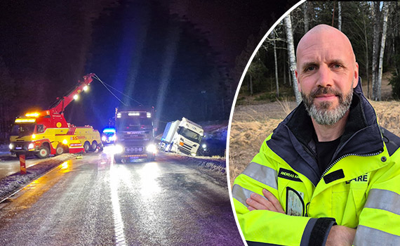 Lastbilsolycka i natten samt porträttfoto på restvärdeledare Andreas Karlsson