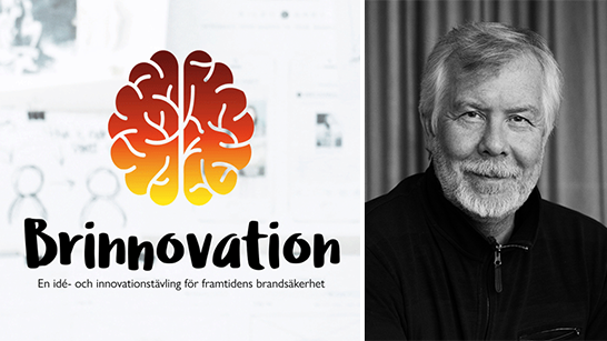 Orange logga och texten Brinnovation - en idé- och innovationstävling för framtidens brandsäkerhet samt bild på Thomas Gell