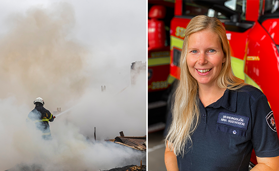 Profilbild samt bild på räddningspersonal i rök