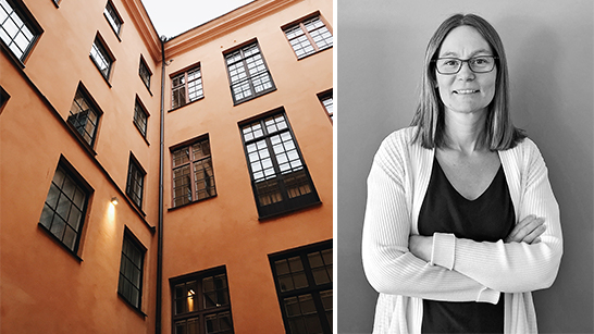 Ett lägenhetshus och en bild på Anna Ingvarsson