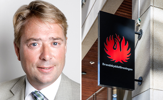 Mats Björs och Brandskyddsföreningens logotyp på en skylt
