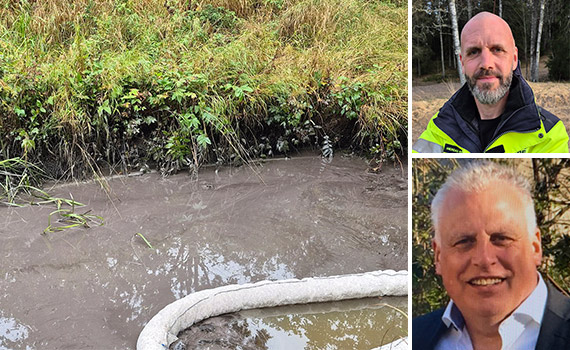 En oljefälla som har byggts i åmynningen samt porträttfoto på restvärdeledarna Andreas och Claes-Göran